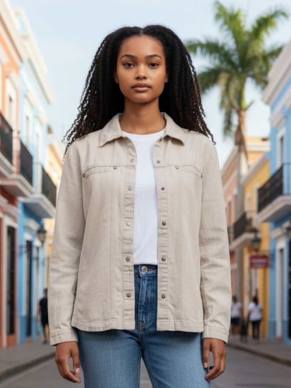 EUC WOOLRICH (MED) Creme Snap up Denim Cotton/Hemp Jacket